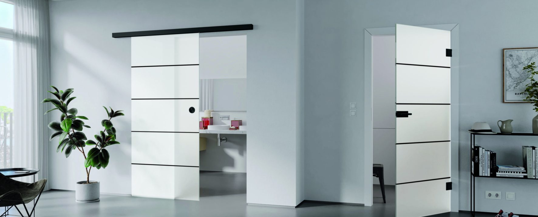 Der Wohnraum hat zwei Lofttüren, eine Drehtür und eine Schiebetür, jeweils mit satiniertem Glas und vier waagerechten schwarzen Stahlsprossen. Beide Türen sind geöffnet.
